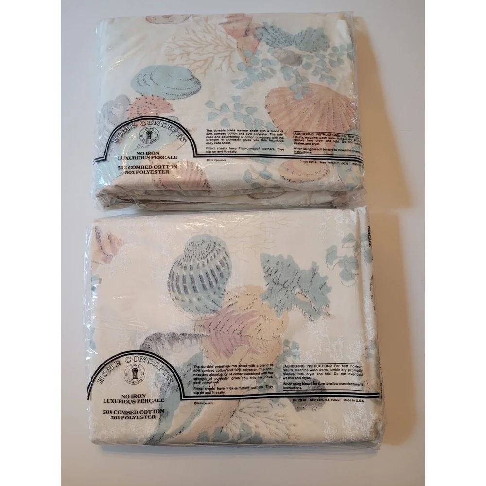 Vtg NOS Cannon Sea Shells Nautilus Full Flat & Fitted Sheets‎ Cotton Blend NEW